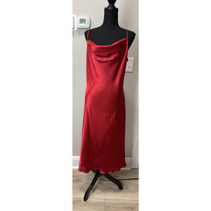 Y2K Bebe Red Satin Size L Cowl Neck Slip Dress Vintage Midi Bodycon Sexy USA